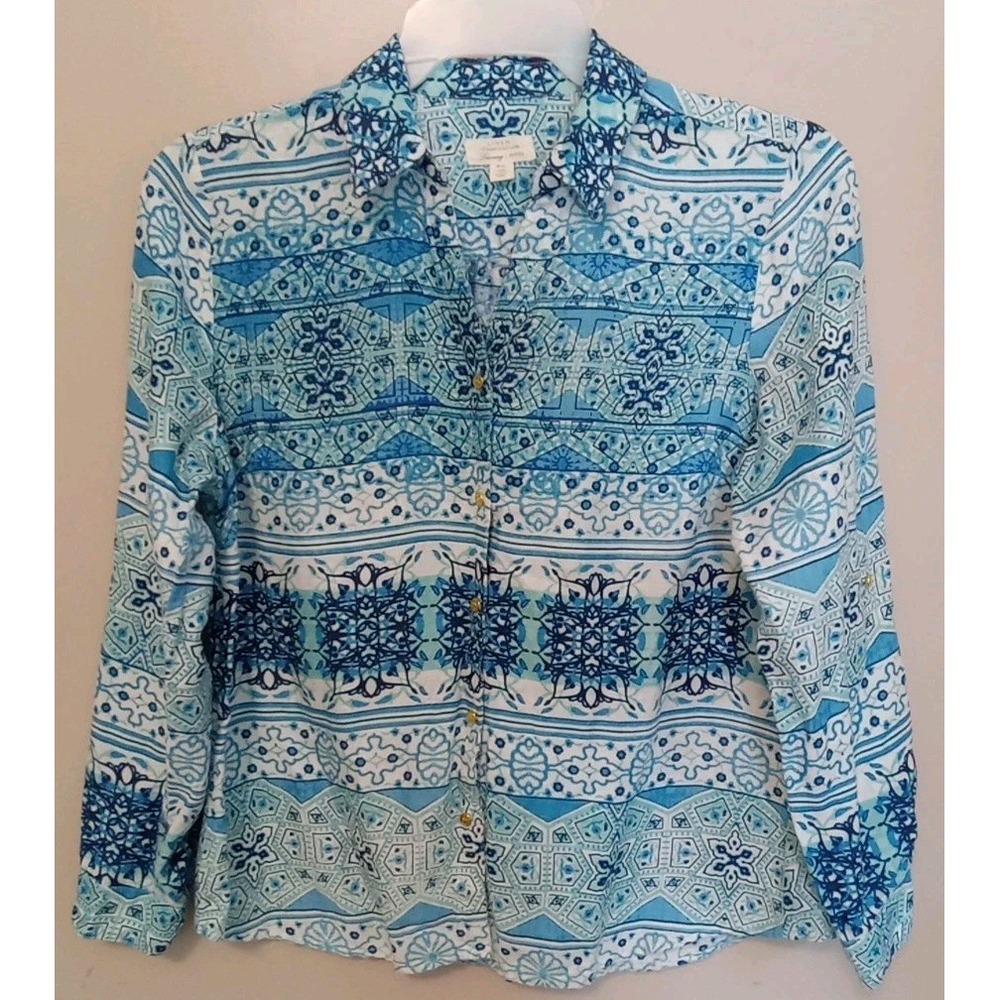 Charter Club Women Blue Geometrical Linen Button Down Longsleeve Shirt‎ Size PL